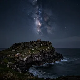 perseid meteor shower over the giant's causeway, in the style of the dutch masters and gregory crewdson, dark and moody, depth of field