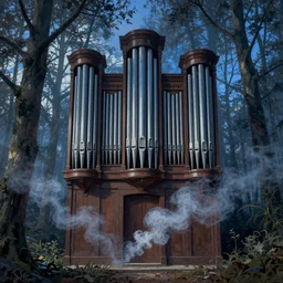 pipe organ in dead space, with haunted pipes, violent smoke, 1 8 5 0 s, woodland, blue dawn light shining in windows, painterly, offset printing technique, by walter popp, alexandre cabanel alan lee