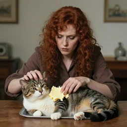 a crazy woman putting butter on her cat, lowbrow surrealistic, in the style of mark ryden,