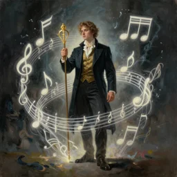 stunning, breathtaking, awe-inspiring award-winning concept art nouveau painting of a well dressed bard surrounded by musical notes made of pure energy, by John Avon, extremely moody lighting, glowing light and shadow, atmospheric, cinematic, 8K