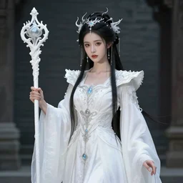 photograph of a real-life beautiful air witch with ornate white robes and staff.  Extremely detailed. 8k