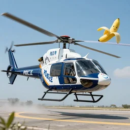 a high resolution cinematic photo of a police helicopter chasing a flying banana 8K