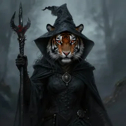 dark witch with a tiger's face by greg rutkowski, realism, dark fantasy, trending on artstation