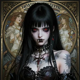 anime female, fangs, goth, tattoos, leather, fantasy, intricate details, eerie, highly detailed, octane render, 8 k, art by artgerm and alphonse mucha and greg rutkowski