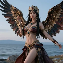 beautiful 3 d render of a sexy mongolian queen goddess spreading it's wings with a gorgeous dress in a sensual pose, sexy face, atmospheric lighting, intricate, volumetric lighting, beautiful, rich deep colours masterpiece, sharp focus, ultra detailed, in the art style of bowater, charlie, brom, gerald, with lake baikal in the background, astrophotgraphy