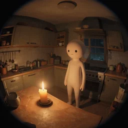 cute solitary kitchen dim lit by a candle ripped physique simon stalenhag gerald brom bastien grivet by greg rutkowski, game background fisheye lens, low angle, day of the tentacle, 3 point perspective