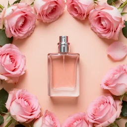 perfume bottle surrounded by artistic, luscious pink roses, peach background, soft femme, romantic simple path traced, environment, up close shot