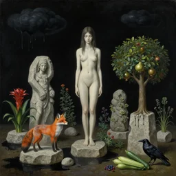 realistic painting of solid black night sky, tall emo girl, stone sculptures, a fox, a pear tree, black clouds dripping black paint, stones, black puddles, pomegranate tree, bromeliads, herbs, raven, courgettes, berries, zen, sensual, surrealist painting by magritte and monet and rousseau