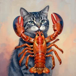 portrait of hybrid between cat & lobster, intercrossed animal, mixture animal, by zdzislaw beksinski, by tiffany bozic, cold hue's, warm tone gradient background, concept art, beautiful composition, digital painting