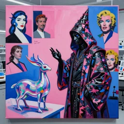 a masterpiece painting in the laboratory of a technomancer wizard, in dazzle camouflaged robes, pointed hood, discussing sentience with his al djinn by remedios varo and anato finnstark and greg rutkowski and andy warhol and francis picabia. dayglo pink and blue, prismatic, pearlescent, raven black, glowing, hyperrealism, trending on artstation