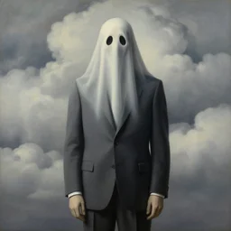 portrait of a ghost in a suit, clouds in the background, by rene magritte, detailed painting, distance, middle centered, hd, hq, high resolution, high detail, 4 k, 8 k