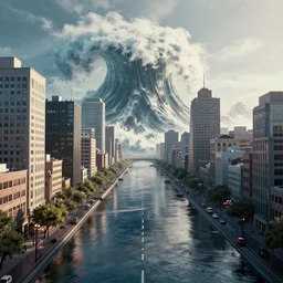 downtown metropolitian area during a tsunami, one-point perspective, hypperrealistic, reflective surface, film grain, 4k octane render, gigapixel maximum upscale, houdini hd, quixel megascans, cinema4d