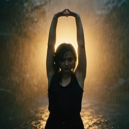 Girl stretches her hands to the light, Artstation, Confident, fog, rain, volumetric lighting, beautiful, golden hour, sharp focus, ultra detailed, cgsociety by Leesha Hannigan, Ross Tran, Thierry Doizon, Kai Carpenter, Ignacio Fernández Ríos, noir art house, 4k, 35mm, fujifilm