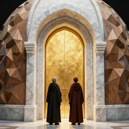 cleric duo in a marble dome with a arch gate golden portal, polygonal wooden walls, close up, by peter mohrbacher dan mumford craig mullins nekro, cgsociety, pixiv, volumetric light, 3 d render