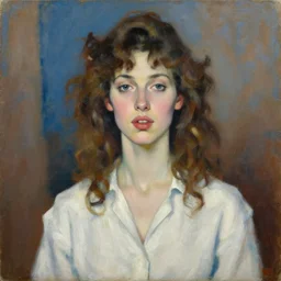 expressive medium shot portrait of a pale sexy young 8 0 s model woman with curly brown hair, big lips, wearing a white shirt, blue and brown background, oil painting, impasto, muted colors, artwork by lucian freud, arnold bocklin, ossip zadnike
