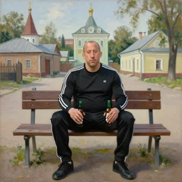 vin diesel in black adidas sport costume, as gopnik character, sitting on a bench, holding beer bottle, symmetry!!!, in the courtyard of a provincial russian town, intricate, oil on canvas, naturalism