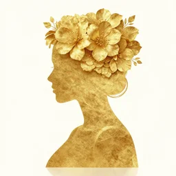 silhouette of a woman made out of gold with flowers on her head. artwork. trending on artstation.