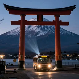 A night photo of a school bus driving towards a Japanese Torii gate at Mount Fuji location in Japan, time travel, ray tracing