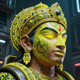 high quality photo hyperrealistic cyberpunk hanuman head building, neon yellow madhubani, highly detailed, in sci - fi mumbai, cinematic smooth, liam wong, moody light, low angle, uhd 8 k, sharp focus