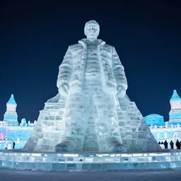 dramatic photo, full body statue of rapper'ice cube'carved out of ice at harbin ice festival, full body, wide angle photo, award winning, night sky