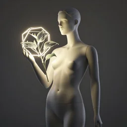 beautiful mannequin sculpted by billelis + lit with 3 d geometric neon, holding geometric neon cubed hosta flowers!!!, rule of thirds, clean linework, dramatic, award winning, confident, moody, 4 k, trending on artstation, photorealistic, volumetric lighting, octane render