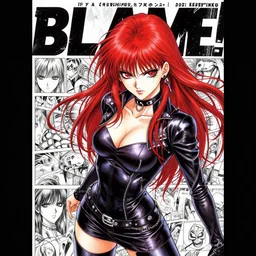 highly detailed professional 9 0 s seinen manga cover art of goth woman with red hair, red eyes, leather clothes, black makeup. chunibyo. horror cyberpunk action manga cover promotional art. detailed and intricate environment. pencils by ilya kuvshinov and painted by zdzislaw beksinski, inks & layouts by tsutomu nihei. blame!