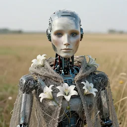closeup portrait of a robot wearing a cloak made of wire and lilies, in an empty field, by Annie Leibovitz and Steve McCurry, natural light, detailed face, CANON Eos C300, ƒ1.8, 35mm, 8K, medium-format print