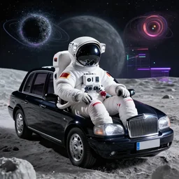 a beautiful 3 d render of an astronaut sitting inside of a luxury taxi cab on the moon, in water, black hole to a vaporwave dimension in background, 4 k, transcendent, trending on artstation, photorealistic, award winning, hyper realistic, rule of thirds, dramatic, volumetric lighting, octane render