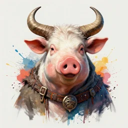 maximalist splatter paint of a anthropomorphic druid with cow horns pig nose