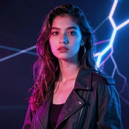 mid portrait, girl, fashion photo, neon lightning, 35mm, noise effect, 4k realistic