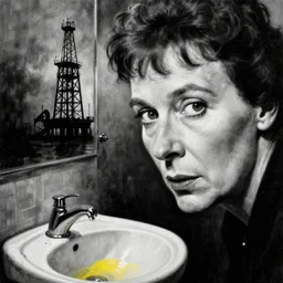 high quality noir painting close up of agatha christie face, agatha christie, a huge public bathroom sink and an oil rig forboding in the background, mystery of the giant sink filled with yellow liquid, by greg rutkowski, mainly black and white colour scheme, textured grunge aesthetic