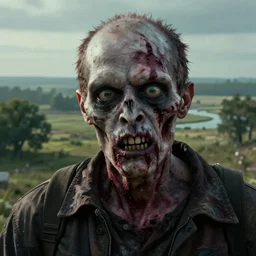an ultra realistic, cinematic headshot portrait, of zombie, background of a vast serene landscape, with trees and rivers, detailed, deep focus, movie still, dramatic lighting, ray tracing, by michal karcz and yoshitaka amano