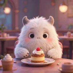 little fluffy monster having a dessert in a magical cafe. award - winning 3 d animation by an indie studio, rimlighting, depth of field, limited palette, intricate details, impressionism, chiaroscuro, bokeh.