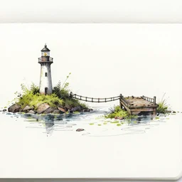 side diagram of an abandoned island, lighthouse on one end, dock on the other, rope bridge in between, quick sketch style, crazy, sporadic, overgrown, on white parchment paper