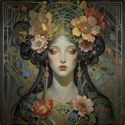 breathtaking detailed concept art painting art deco portrait of gaea the goddess amalgamation flowers, by hsiao - ron cheng, bizarre compositions, exquisite detail, extremely moody lighting, 8 k
