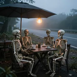 skeletons in a roadside cafe at dawn. eerie light
