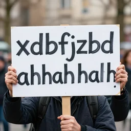 photograph of smiling man holding a protest sign saying'xdxbfjzbd in the ahhhahhhahh ', high detail, 8 k resolution