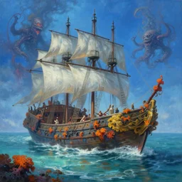breathtaking detailed soft painting of a drunken ship with mystical horrors and sun lichen, bathing in dreaming lactescent sea, alcohol with blue delirium skies, elegant, highly detailed, artstation, concept art, matte, sharp focus, art by tom bagshaw, and greg rutkowski