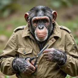 A chimpanzee in a vintage military jacket holding a pair of scissors, he has a very good haircut