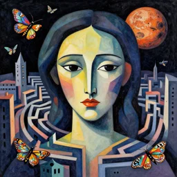 post - minimalism comic abstract cubism portrait of labyrinth city, top down extraterrestial view, jupiter moon mars, iridescent moths, vibrant color scheme, highly detailed, in the style of romanticism, cinematic, artstation, moebius, greg rutkowski