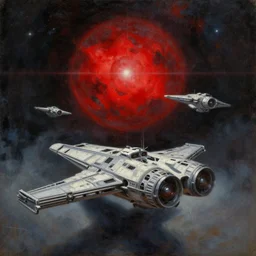 Star Wars battle with several spaceships by William Turner, oil painting, low contrast, subtle colors, space scene with lens flare, giant red star in background, oil colors