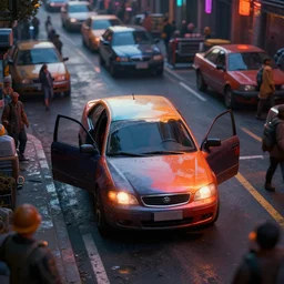 ecto - 1 car parked in middle of busy street with doors open, hyper realism, cinematic, dramatic ambient lighting, high detail, octane render, unreal engine, 8 k, vibrant colors, high contrast, depth of field, professional photo, concept art, dnd, 3 d render, digital art, deviantart artstation, ray tracing, apocalyptic, extremely detailed, very sharp,