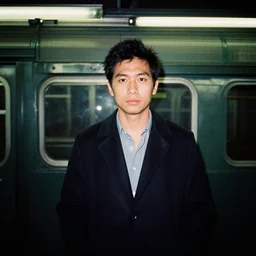 night flash subway medium shot portrait in new york photographed on analog medium format hasselblad film, 1 9 6 0 s film street photography, vintage expired colour film photograph
