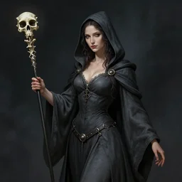 Sexy necromancer woman, DnD, dark grey robes, bone scepter, by Leonardo da Vinci, trending on artstation artstationHD, artstationHQ, cgsociety, matte painting, chiaroscuro