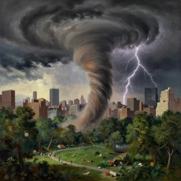 a detailed illustration of a massive tornado touching down in the middle of central park, flying trees and park items, calamity, dark storms with lightning, 8 k, art by pierre - henri de valenciennes and caspar david friedrich and jacob gensler and eugene isabey