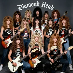 Group of 19-year-old women holding electric guitars, long shaggy hair, permed hair, New Wave of British Heavy Metal, band promo photo, Diamond Head, Motörhead, Great Britain, 1981 photograph, 16mm photography