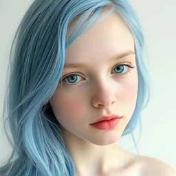a pale girl with blue hair, soft facial features, looking directly at the camera, neutral expression, instagram picture