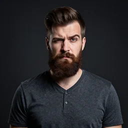 a bearded man, raised eyebrow, skeptical expression, condescending, professional photography, studio lighting, dark background