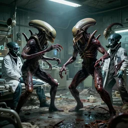 big budget science fiction movie frenzy action mutant alien shapeshifters set in a trashed war torn hospital high energy fight scene between bizarre disturbing slimy wet terrifying alien life forms and doctors wearing gas masks on hospital beds dramatic lighting chiaroscuro