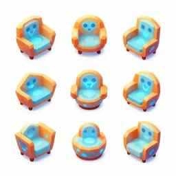 colorful mobile game asset isometric orange blue glowy safira furniture with an alien organic pattern low poly vector design bioluminescent alien - like avatar pandora plants, dark light aesthetic behance black background hyper - detailed